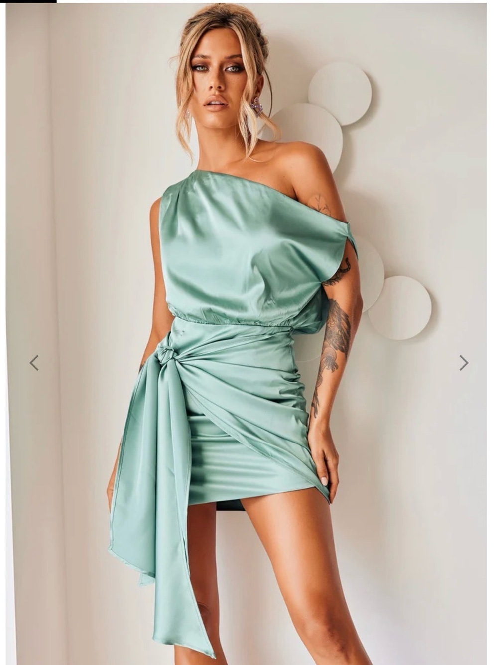 One-Shoulder Mint Green Satin Mini Dress with Side Tie